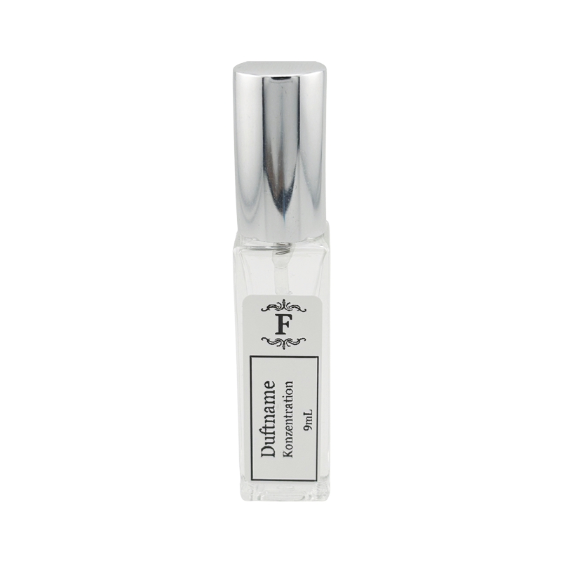 Duftprobe mit Etikett "Duftname Konzentration 9 ml"