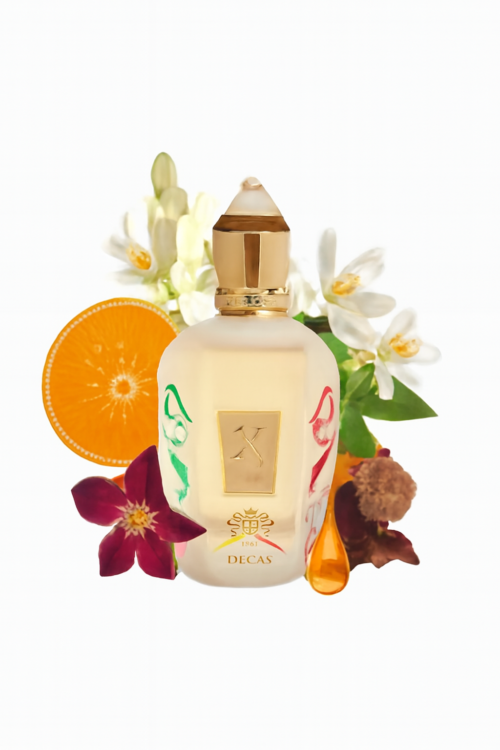 Perfume bottle with floral and fruit elements on a white background